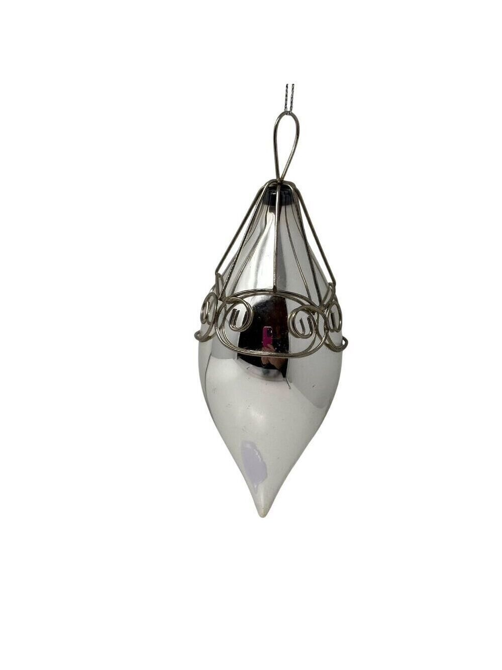 Vintage Silver Blown Glass Teardrop Christmas Ornament Wire Cage Mercury Finish